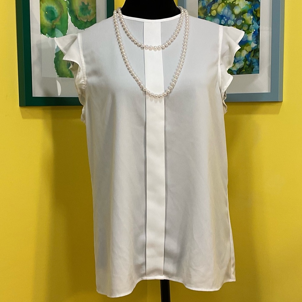 Anne Klein White Single Pleat Ruffle Sleeve Blouse Size Medium